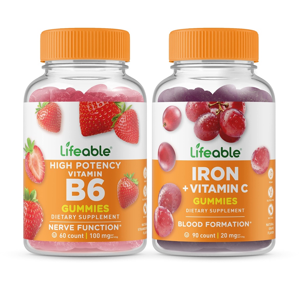 Levensvatbare vitamine B6 + ijzer met vitamine C, Gummies Bundle - Grote Proeverij, Vitamine Supplement, Glutenvrij, GGO-vrij, Kauwbaar