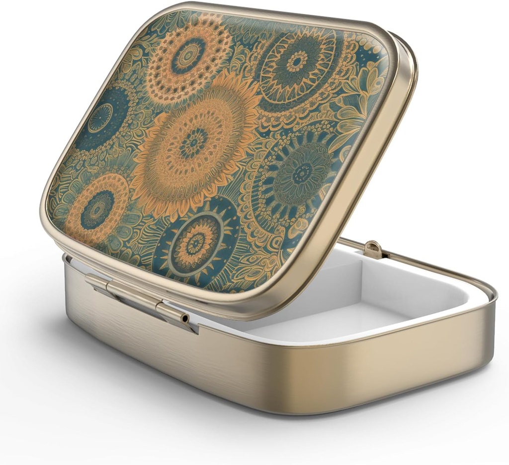 Pill Case Pill Box met Mirror Retro 2 Compartiment Kleine pil Case voor Purse of Pocket Bronze Rechthoekige Pill Box of vitamines, Visolie, Supplementen, Pill Bevat reizen Gifts(Retro Mandala)