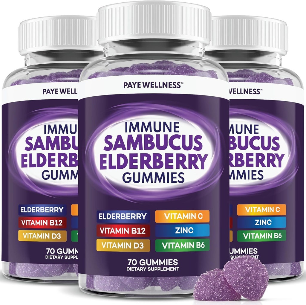 Vlierbes Gummies Immune Support, Dagelijkse Ondersteuning voor kinderen en volwassenen*, met Sambucus Vlierbes, Zink, Vitamine C, D3, B6, B12, Plus - Dieetsupplement - 210 Tel.