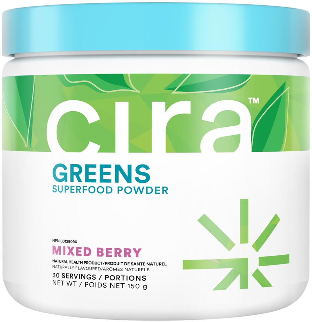 Cira Daily Greens - natuurlijk zoet, Organische Spirulina Superfood Poeder met Premium, Antioxidant-Rich Ingrediënten voor ontbloting, spijsvertering, & energie - gemengde Berry, 30 porties