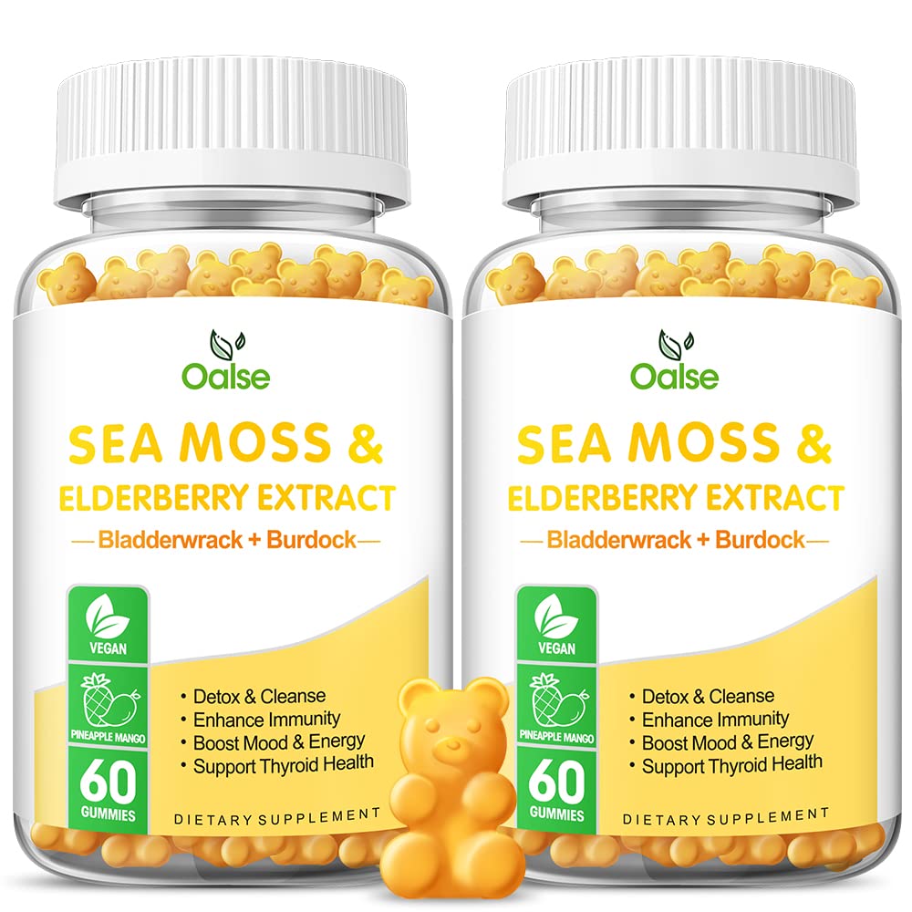 Sea Moss Gummies for Adults and Kids, 2000mg Raw Seamoss, Bladderwrack, Burdock Root, Elderberry, Pepper, Vitamine C & D3, Zink ondersteunt Immune System & Boost Energy (2-pack)