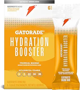 Gatorade Hydration Booster Electrolyte Drink Mix Poeder Pakjes, Tropische Mango, Advanced Electrolyte Blend, Geen toegevoegde kleuren, Geen kunstmatige zoetstoffen, essentiële vitaminen A, C, B3, B5, B6, maakt 20 Fl Oz, (6 Pack)