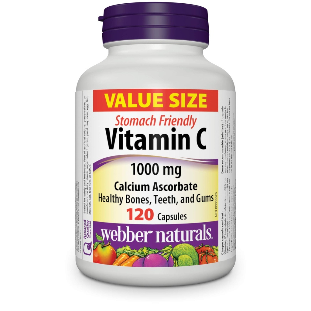 Webber Naturals Vitamine C Calcium Ascorbaat 1000 mg · Maagvriendelijk, 120 capsules