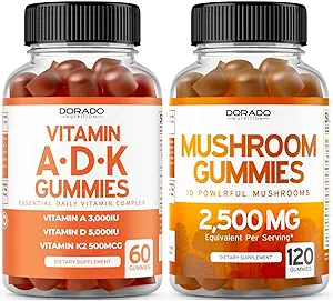 ADK Vitamine D3 K2 (60 Gummies) D & K - 10 Vegan Supplement met Raspberry Flavor en Mushroom 10 in 1 Blend (120 Gummies) Focus & Brain Mushroom Supplement voor volwassenen - Vegan Safe & Made in USA