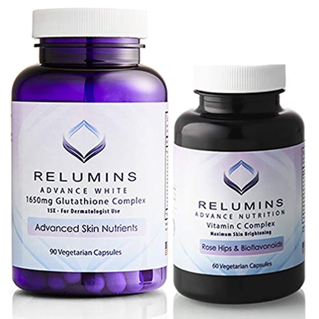 Relumins Advanced White Set - 1650mg Glutathion Complex (90 capsules) en Advanced Vitamine C met Rose HIPS en Bioflavonoïden (60 capsules) Bundel