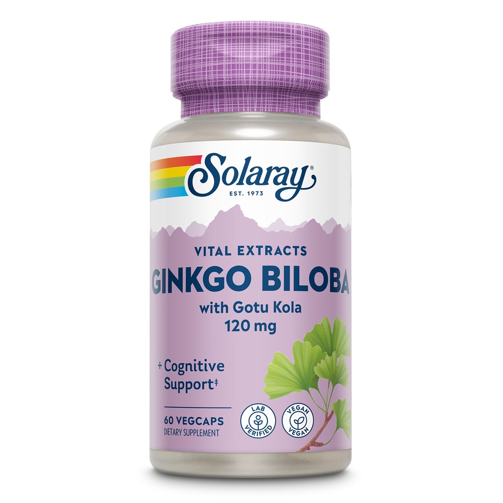 SOLARAY Ginkgo Biloba Extract met Gotu Kola - Ginko Biloba Capsules for Brain Health Support - Vegan, Lab geverifieerd, 60 dagen garantie - 60 porties, 60 VegCaps (60 VegCaps)