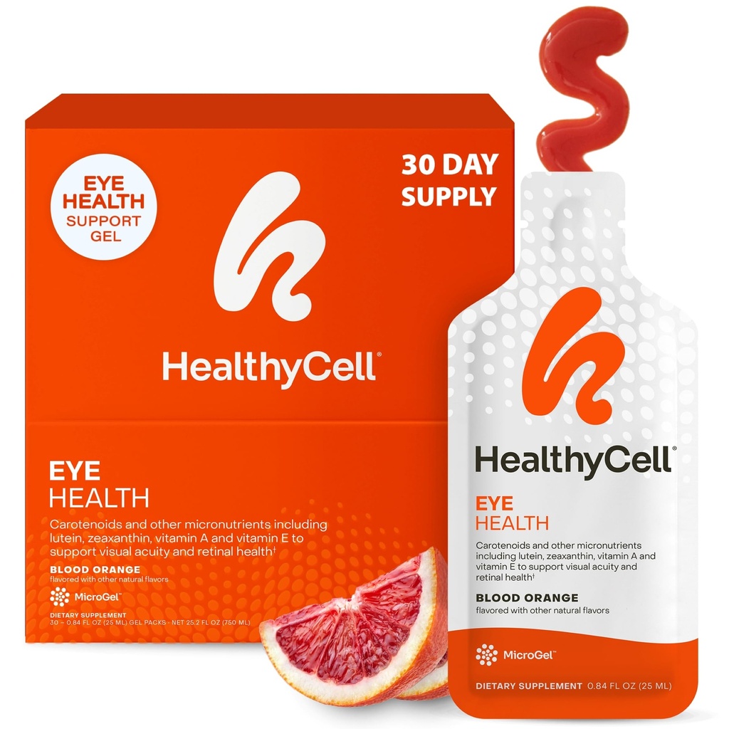Healthycell Eye Health Daily Liquid Supplement - Oogvitaminen en mineralen met luteïne, zeaxanthine, astaxanthine en bètacaroteen voor zichtverzorging en maculaire ondersteuning - 30 Gel Packs