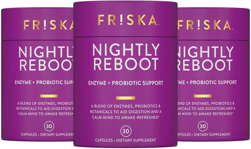FRISKA Nightly Reboot Enzyme and Probiotics Supplement, bevordert betere spijsvertering en slaap, ondersteunt Gut Health voor mannen en vrouwen, Melatonine, kamille, 90 capsules