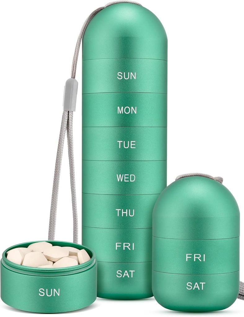 Zannaki Metal Moisture Proof Weekly Pill Organizer, Stackable Aluminum Alloy BPA Free Travel Hiking 7 Day Pill Box Case Waterproof and Large Compartment to Hold Pills, Vitamins, Fish Oil, Supplements