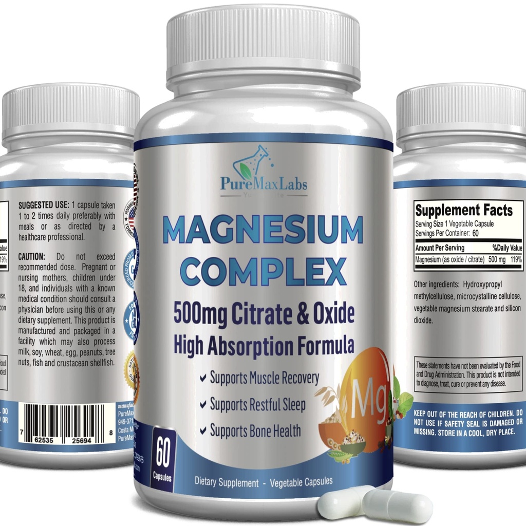 Hoge Absorptie Magnesium Citrate Complex 500mg Magnesium Citrate &amp; ›› Ondersteunt Kalme Slaap, Spier Kramp Relief, Muscle Recovery, Gezonde Tanden & Bones, Non-GMO 60 Plantaardige Capsules