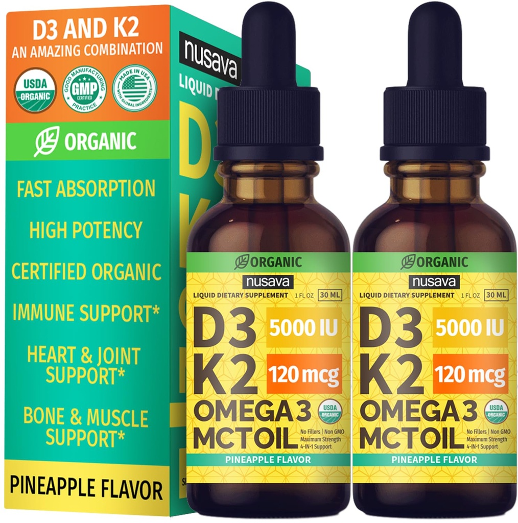 (2 verpakkingen) Biologische vitamine D3 K2 druppels met MCT olie Omega 3, maximale sterkte vitamine D vloeibaar 5000 IE, geen fillers, niet-GMO vloeibare D3 voor snellere absorptie en Immune ondersteuning (Pineapple, 2 Fl Oz)
