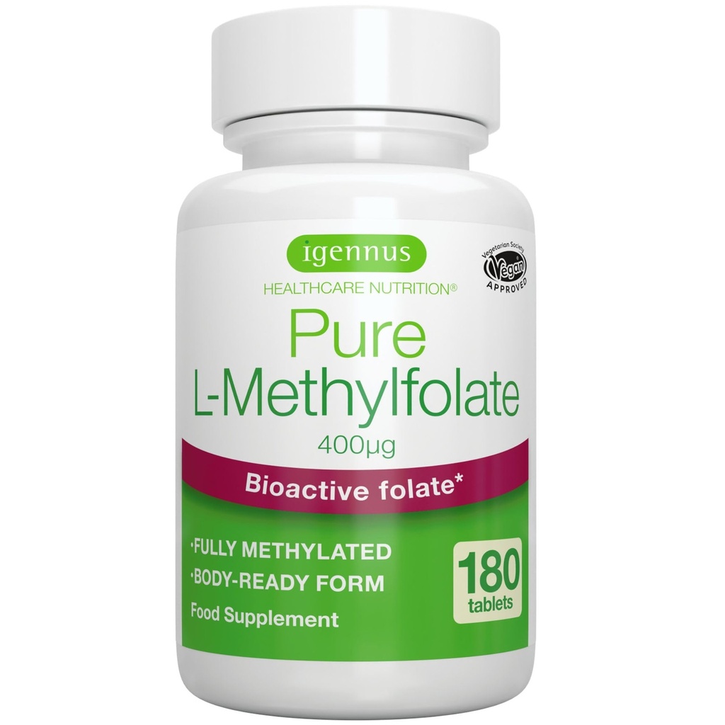 Igennus Pure Methyl Folate 400 mcg, 180 tabletten, Clean Label, Methylated Form of Folic Acid 5-MTHF (Vitamine B9), Veganistisch, Geschikt voor zwangerschap, One-a-Day, 6 maanden levering