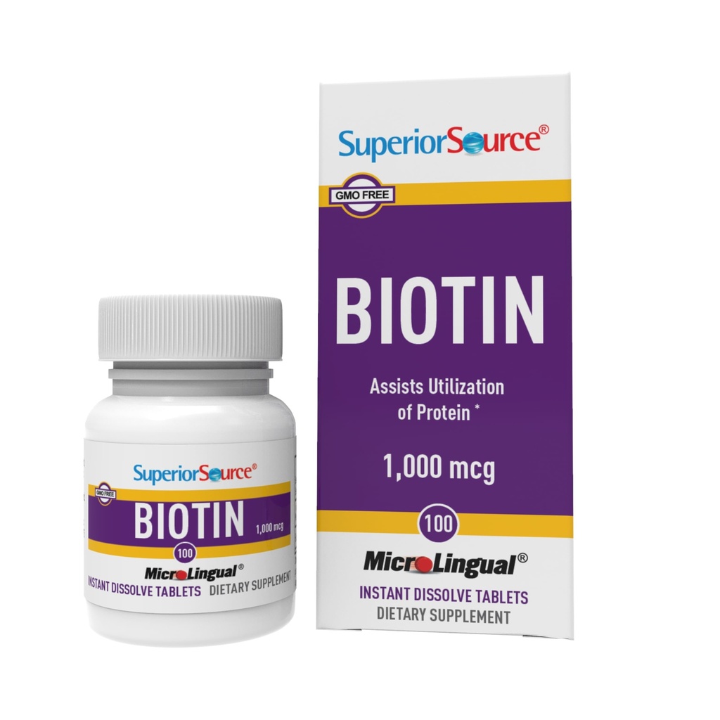 Superior Bron Biotin 1000 mcg. Onder de tong Quick Solution MicroLingual Tablets, 100 Tellen, Ondersteunt gezonde haren, huid en nagelgroei, helpt het ondersteunen van energie-metabolisme, niet-GMO