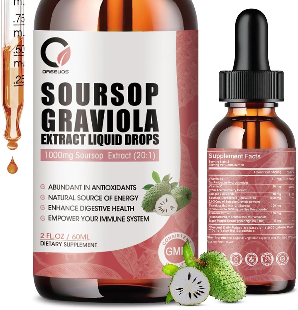Soursop Graviola Liquid Drops - Soursop Extract Plus Sea Moss, Soursop Bitters Liquid for Cell Regeneratie, Immune Boost, Relax, Antioxidant, Energy - 2 Fl Oz