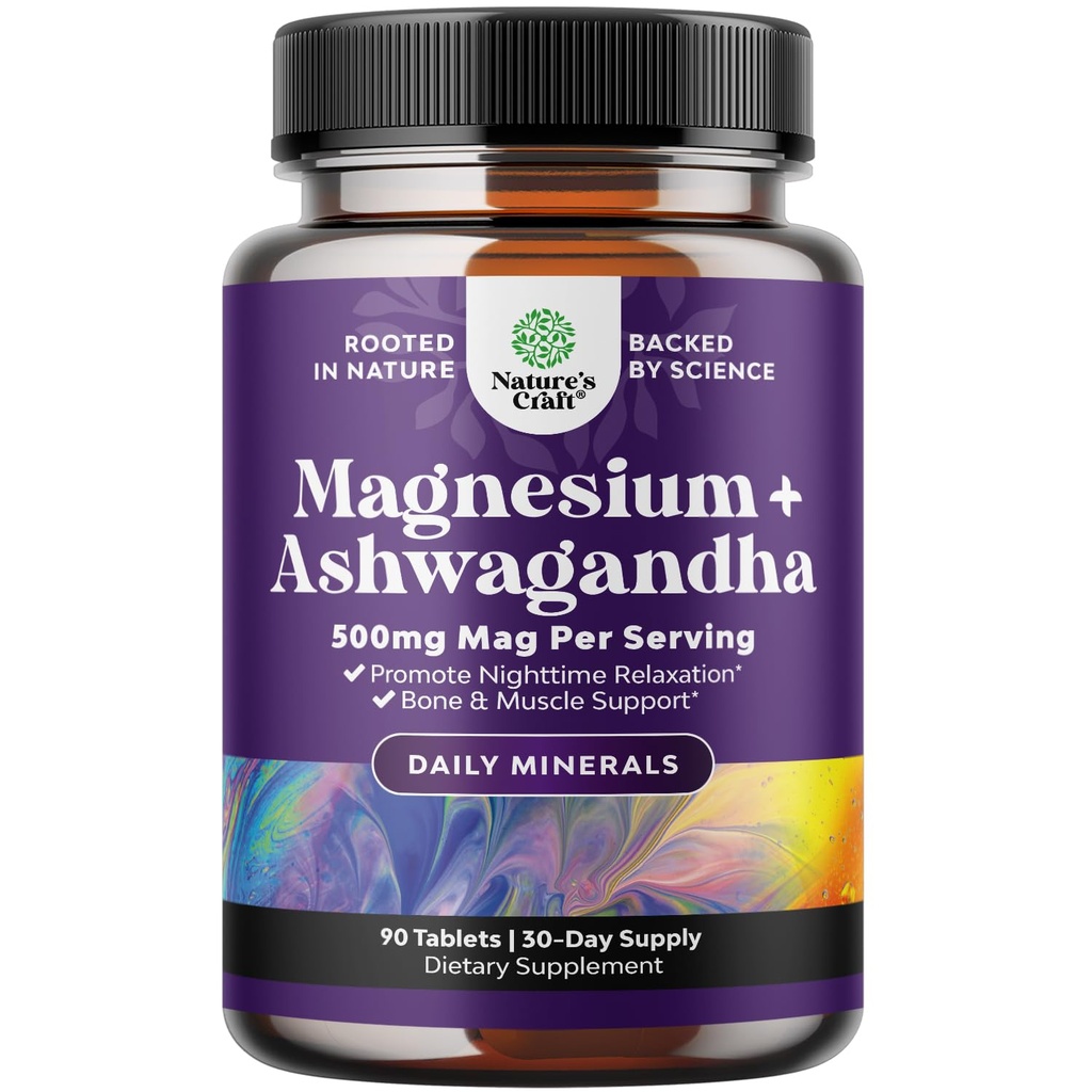Pure Kalm Ontspannen Magnesium Glycinate Supplement met Ashwagandha - Magnesium voor Stress Ondersteuning en Rust Gemak voor volwassenen - Hoge Absorptie Tablets voor bot ondersteuning en spierkrampen - 90 Tel.