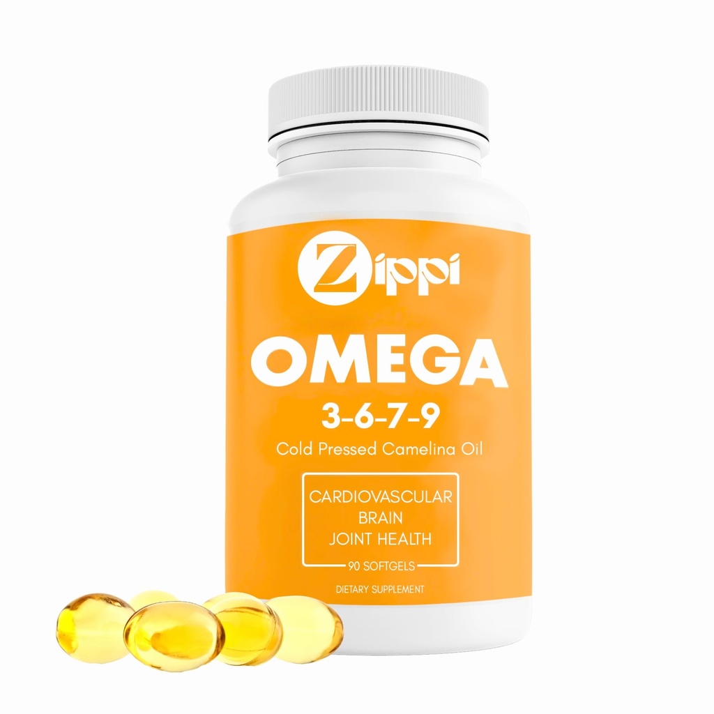 Zippi Omega 3-6-7-9 Camelina Softgels - Plant Based Omega 3-6-7-9 Vetzuur Supplement. Helpt bij het ondersteunen van hersenen, lever, hart- en vaatziekten, immuniteit en gezamenlijke functie