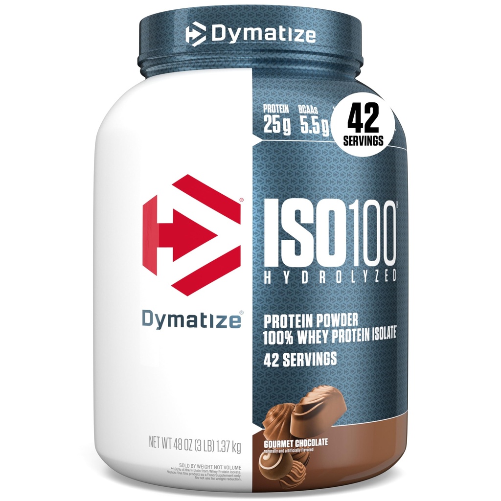 Dymatize ISO100 Gehydrolyseerd Proteïnepoeder, 100% Wei Isolaat Proteïne, 25g Proteïne, 5.5g BCAA's, Glutenvrij, Fast Absorbing, Easy Digesting, Gourmet Chocolate, 3 Pond (42 Servers)