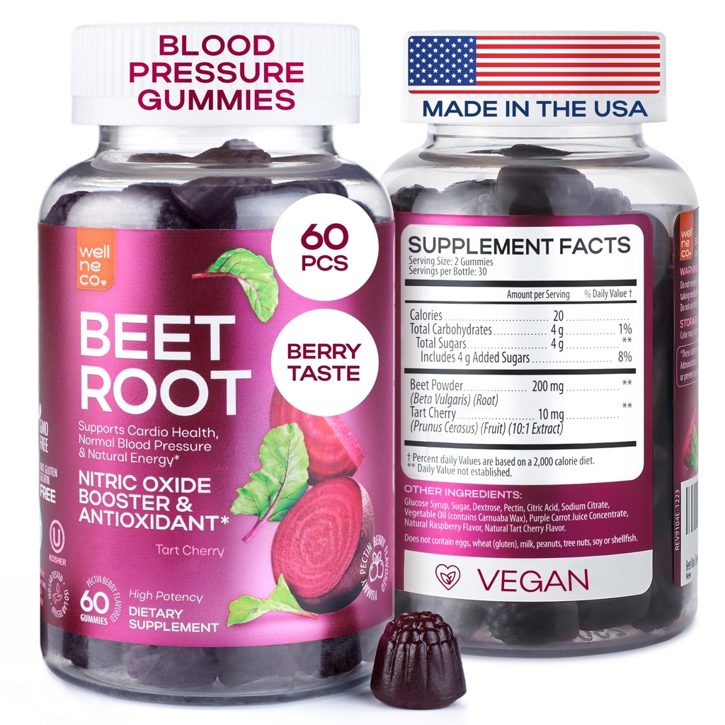 Beet Kauwen voor hoge bloeddruk - Beetwortel Gummies Made in USA met Tart Cherry - Nitric Oxide Supplements for Energy and Cardio Health - Vegan, Geen GGO, Pectin Based - voor vrouwen en mannen, 60 stuks