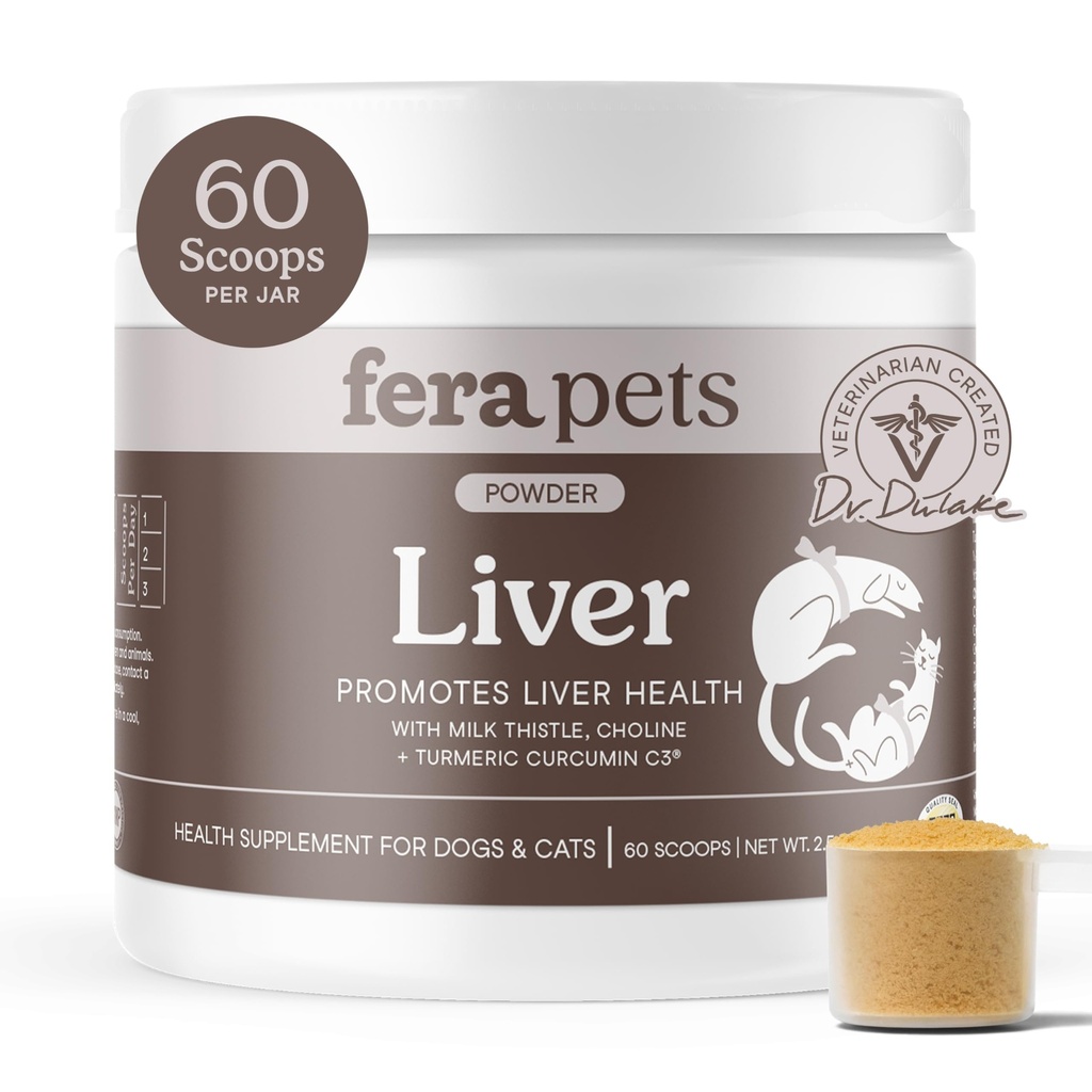 Fera Pets leversupplement voor honden & katten met melkdistel, choline & turmeric - biologische botanica - verbetert de leverfunctie, immuniteit, ontgifting, & metabolische functie - poeder - 60 scoops