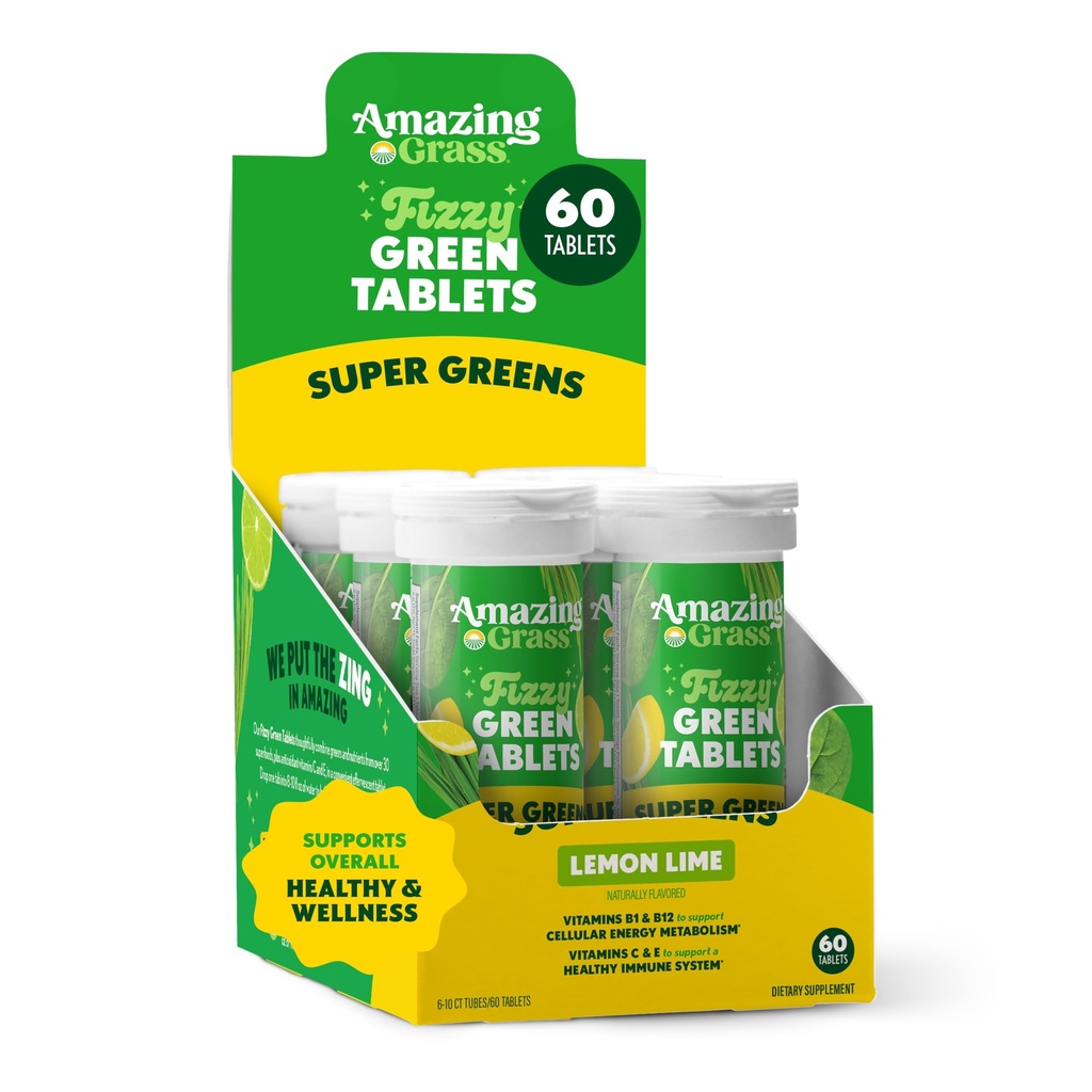Verbazingwekkende Gras Bruistabletten: Groene Superfood Water smaaktablet met Antioxidanten & Alkaliserende Groenen, Lemon Lime, 60 Tellen