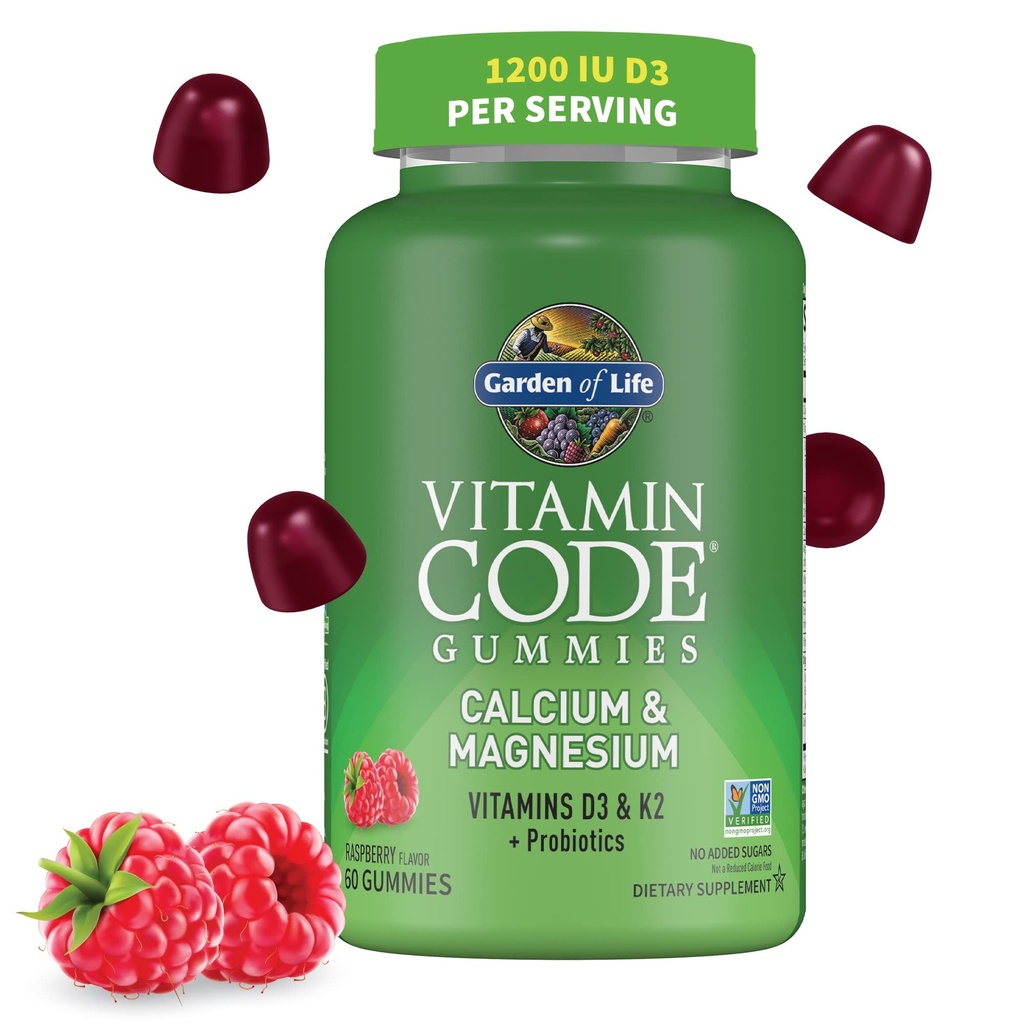 Garden of Life Vitamin Code Calcium Magnesium Gummies met D3 & K2, ondersteunt Bone Health & Bone Strength + Prebiotica & Probiotica voor Digestieve Ondersteuning, Non-GMO, Glutenvrije, 60 Raspberry Gummies