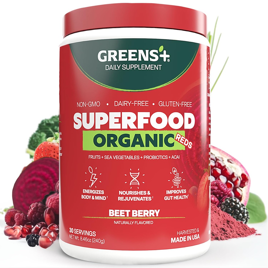 Greens+ Organic Reds Superfood Powder, Antioxidant, Polyfenol, Blend for Morning Kick, Energy, Vitality Boost, Nutrition, Vibrant Health, Vegan Soy/Dairy/Gluten Free(8.46oz)