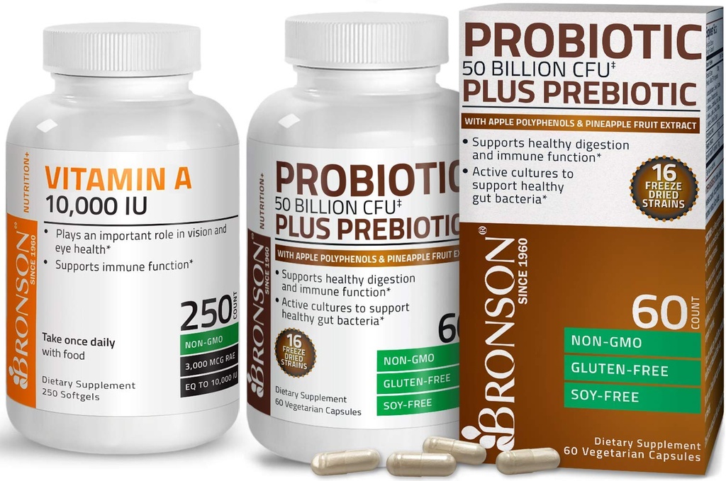 Bronson Probiotic 50 Miljard CFU + Prebiotic met Apple Polyfenolen & Ananas Fruit Extract + Vitamine A 10.000 IE Premium Non-GMO Formule