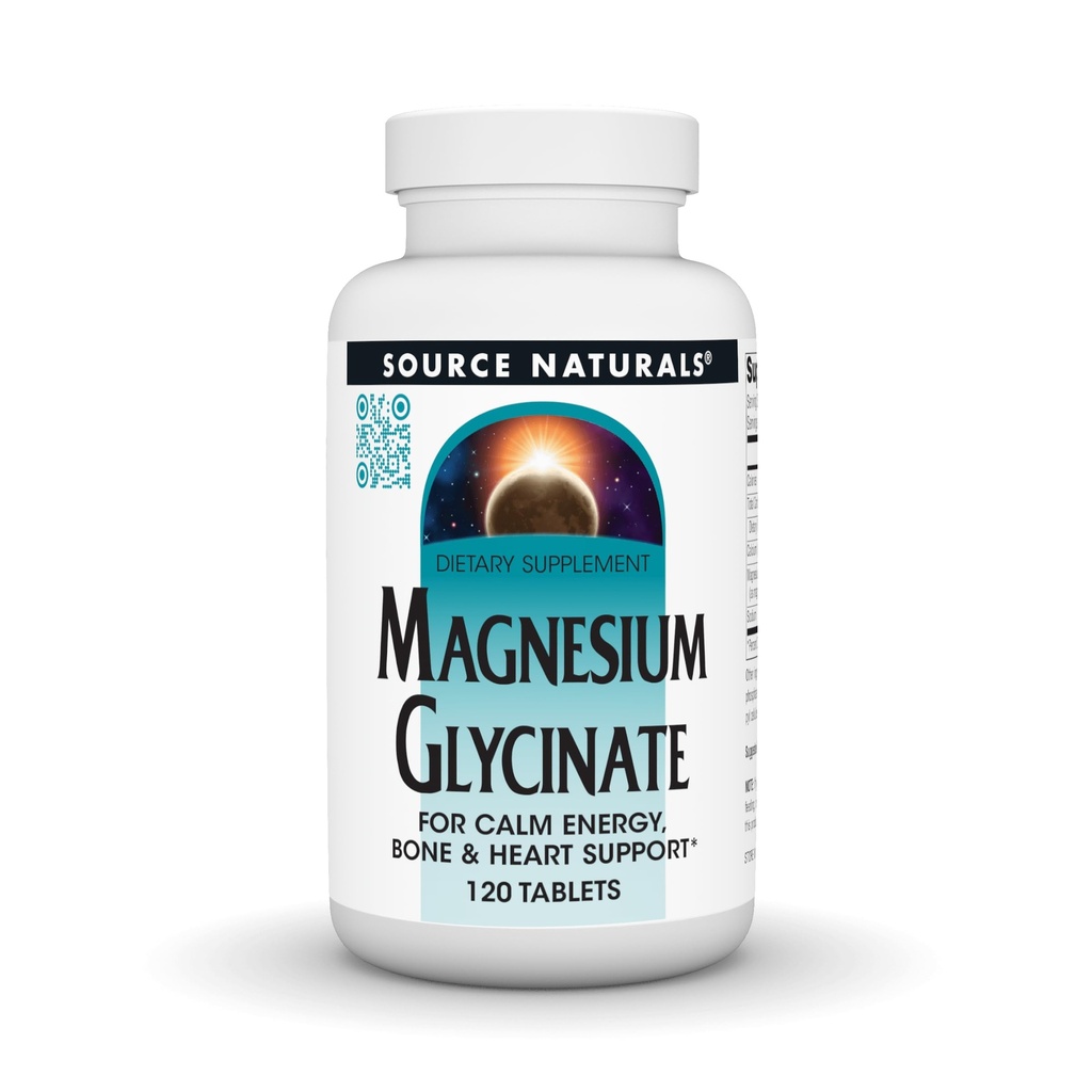 Source Naturals Magnesium Glycinate, gecheleerd voor hoge absorptie voor kalme energie, bot & hart ondersteuning*, 200 mg per portie - 120 tabletten