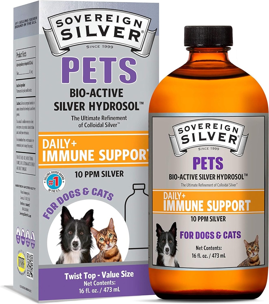 Sovereign Silver Pets Immune Support - Collective Silver, Bio-Active Silver Hydrosol, voor honden en katten, 10 ppm, Liquid Twist Top, 16 Fl Oz, (473 ml)
