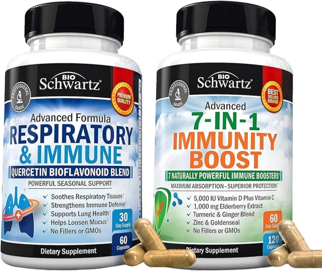 BioSchwartz Respiratory & Immuun Lung Support Supplement met Quercetine (1 maand supply) Plus 7 in 1 Immuun Support Supplement met Antioxidanten (2 maanden supply)