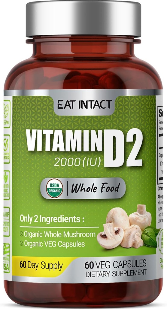 Vegan Whole Food Vitamin D, 2000 IU (50 mcg), D2, Two Ingredients (Organic Whole Mushroom and Organic Vegan Capsule), Non-GMO, Third Party Tested, 60 Day Supply