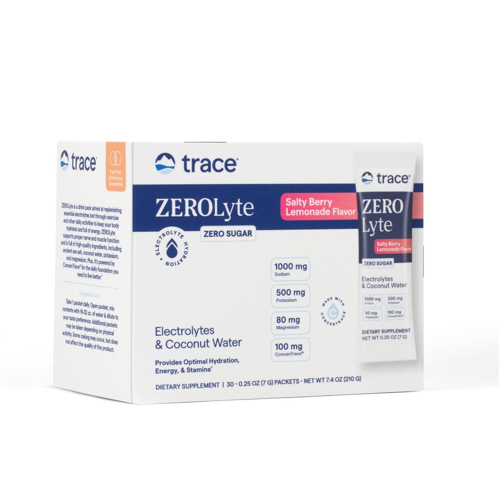 Trace Minerals ZeroLyte - Drink Mix Powder ondersteunt Hydration & Energy - Aids Healthy Nerve & Muscle Function - Support Heart & Digestie Health - Salty Berry Lemonade, 30 Packets (30 Servings)