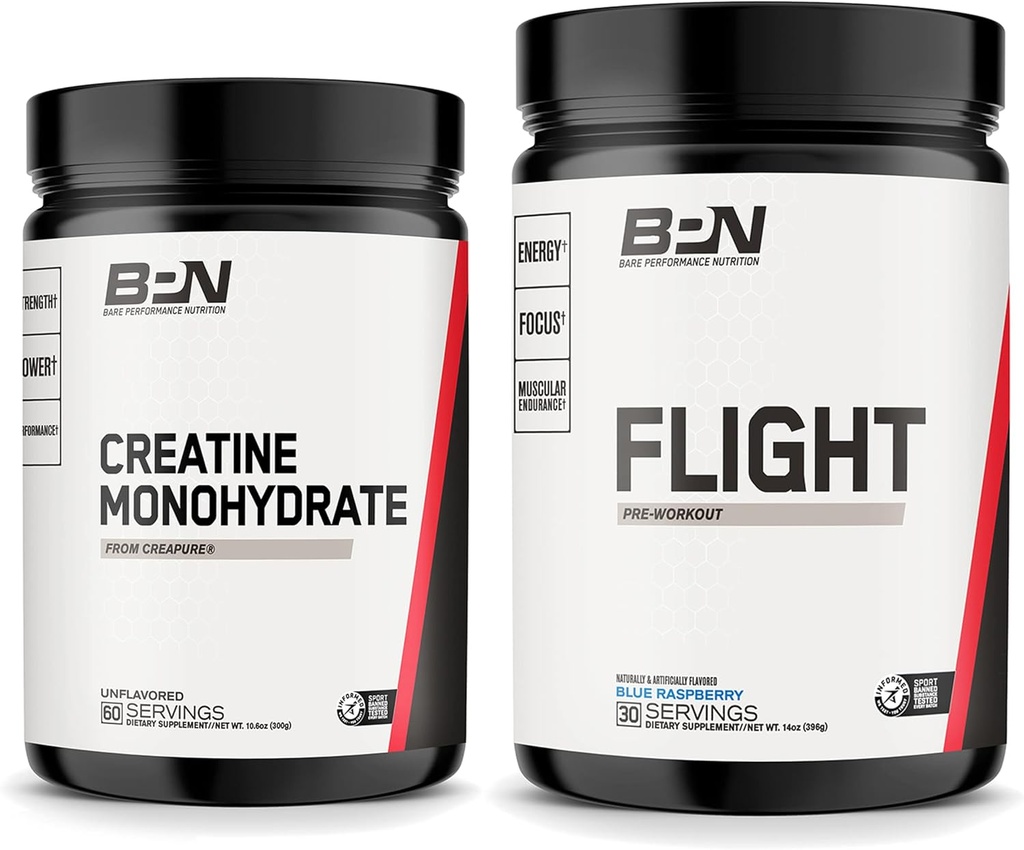 BARE PERFORMANCE NUTRITION BPN Creatine Monohydraat & Flight Pre Workout (Blue Raspberry) Bundel