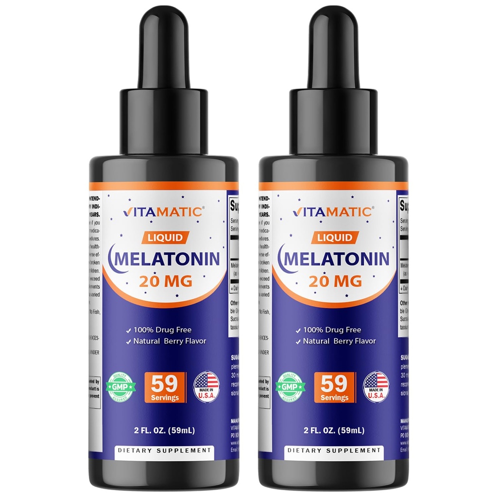 Vitamatic 2-pack Melatonine 20mg Liquid Drops - 2 fl oz (59 ml) Elke - Natural Berry Flavor - Niet GMO, Vegetarisch Supplement voor volwassenen