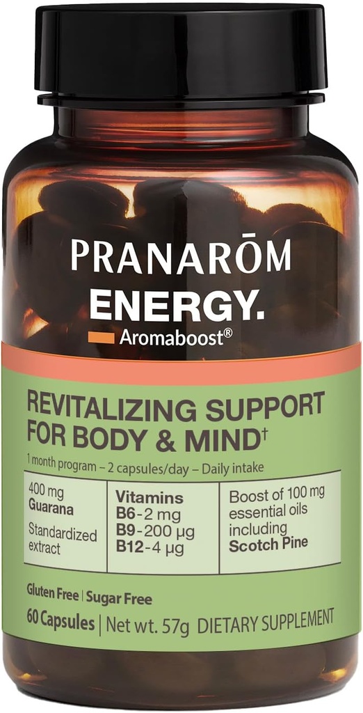 Pranarom - Aromaboost Energie Kruidensupplement - voor lichamelijke en geestelijke vermoeidheid - Guarana - Vitaminen B6 B9 B12 - Pure Schotten Pijnboom etherische olie - 60 Tel.
