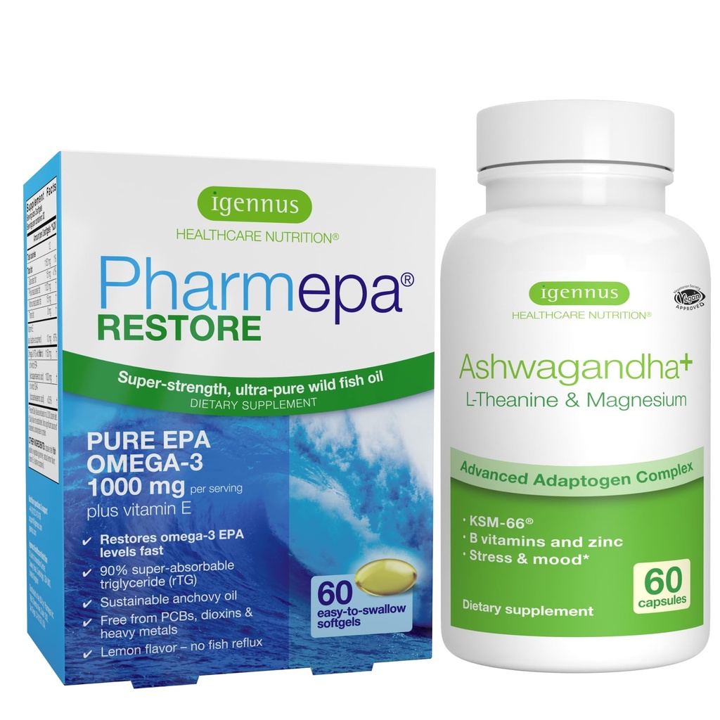 Igennus Pharmepa Restore + Ashwagandha+ L-Theanine & Magnesium Bundle, 1000mg Pure EPA Omega-3 Fish Oil + 600mg KSM-66 Ashwagandha Adaptogen Complex with Zink & B Vitamins, Mood & Stress Support