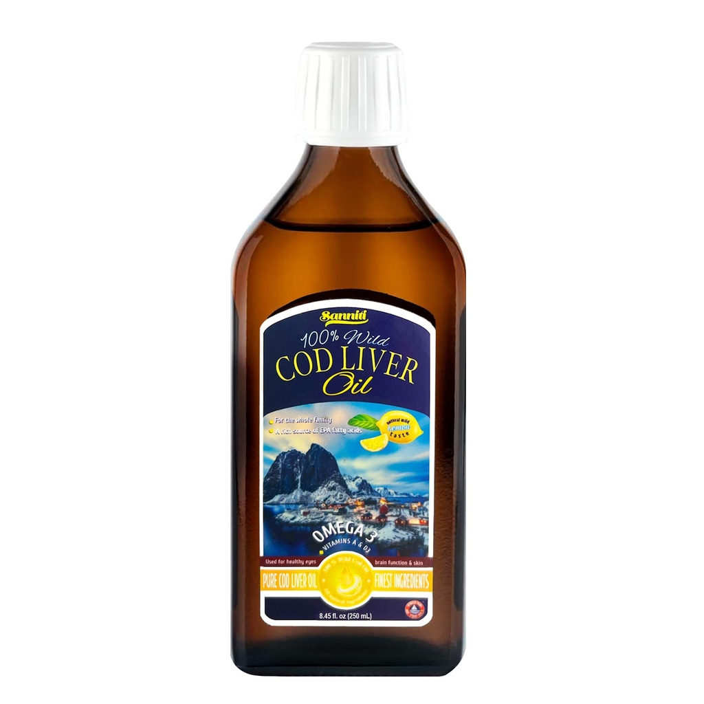 Sanniti 100% Natural Cod Liver Oil, 1081 mg Totaal Omega-3 Vetzuren, Wild Caught Nordic, 250 ml (8.4 oz) (Citroen)