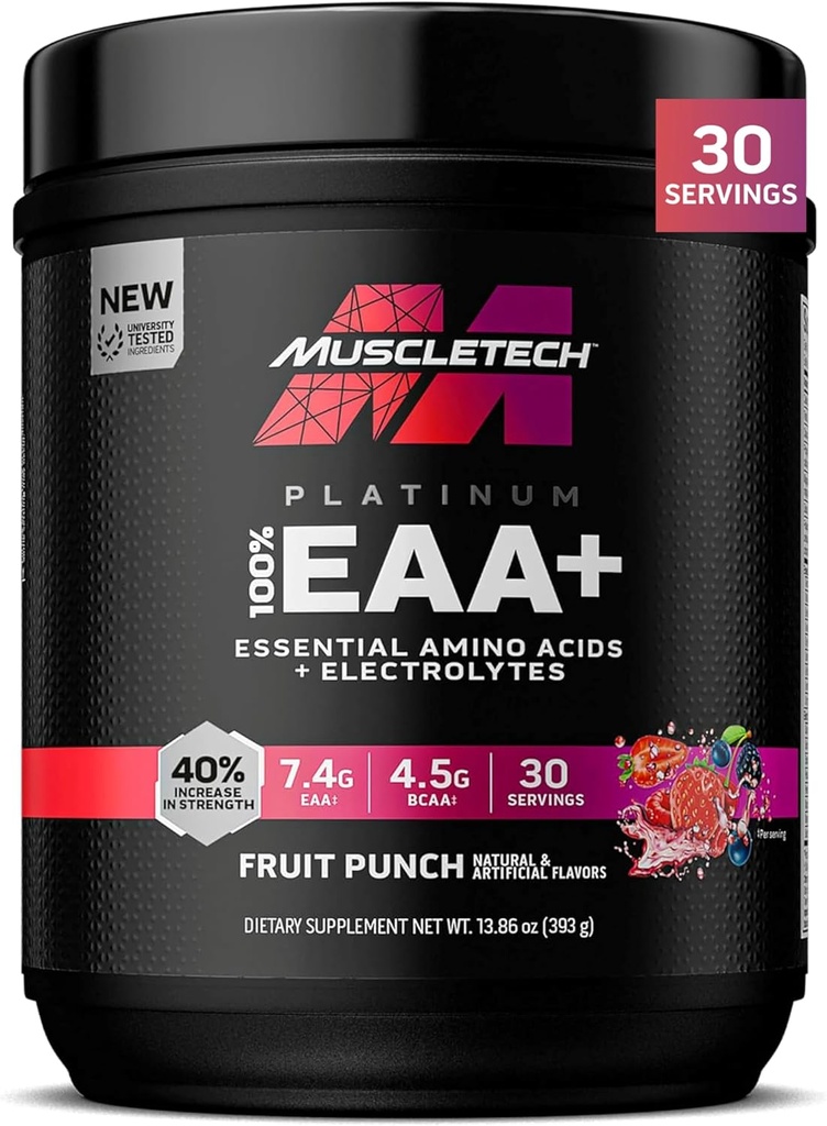 MuscleTech Platinum Essential Amino Acids Supplement met Elektrolyten, Fruit Punch - Pre-Workout Powder for Energy, Muscle Growth & Strength Builder - EAA Complex for Men & Women - 30 Servings