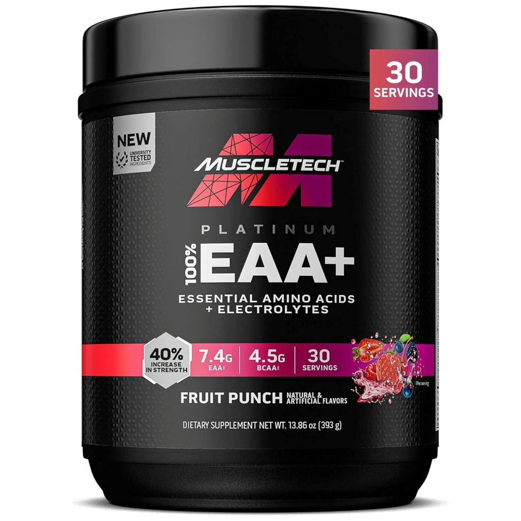 MuscleTech Platinum Essential Amino Acids Supplement met Elektrolyten, Fruit Punch - Pre-Workout Powder for Energy, Muscle Growth & Strength Builder - EAA Complex for Men & Women - 30 Servings