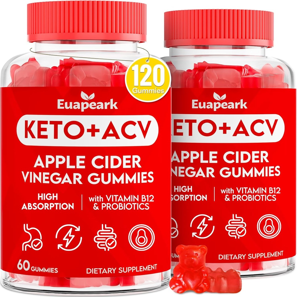 Apple Cider Vinegar Gummies, Keto ACV Gummies met Probiotica, Vitamine B12 & Keto Ondersteuning, 2000 mg ACV met Moeder voor spijsvertering, Metabolisme, Reiniging & Detox Diet, Vegan, Lage Suiker, 120 Telt