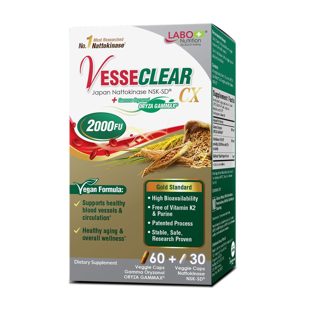 LABO Nutrition VesseCLEAR CX: Nattokinase NSK-SD + Gamma Oryzanol voor Clean Blood Vessel & Healthy Ageing, Japan's meest klinisch bestudeerd, ondersteuning gezonde cholesterol, hart, veganist, zuur-resistant