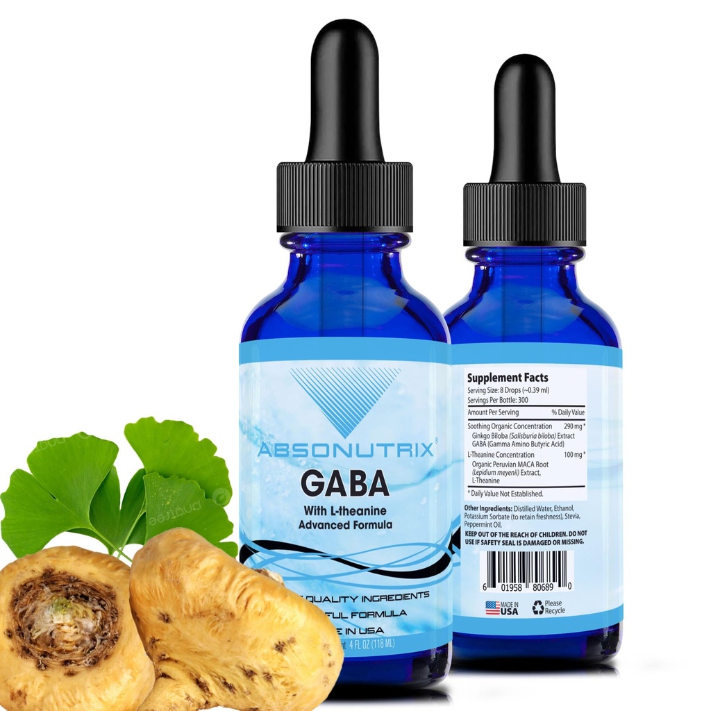 Absonutrix GABA met L-Theanine 290 mg, 4 Oz Liquid, 300 porties, Made in USA, Quick Absorptie, Quality Potent Ingredients, Non-GMO, GMP Certified Facility, Cruelty-Free Products