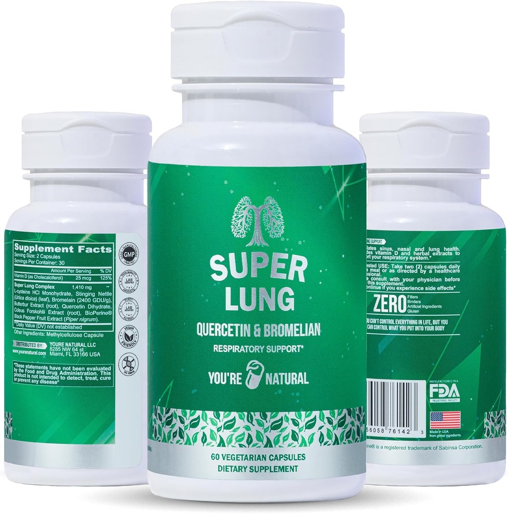 YOU'RE NATUURLIJKE Lung Support Supplement & Respiratory Health, Promote Nasal, Chest & Bronchial Health, Support Immune System, Open and Clear Airways - Quercetin, Bromelain, Vitamine D - 30 Days Supply