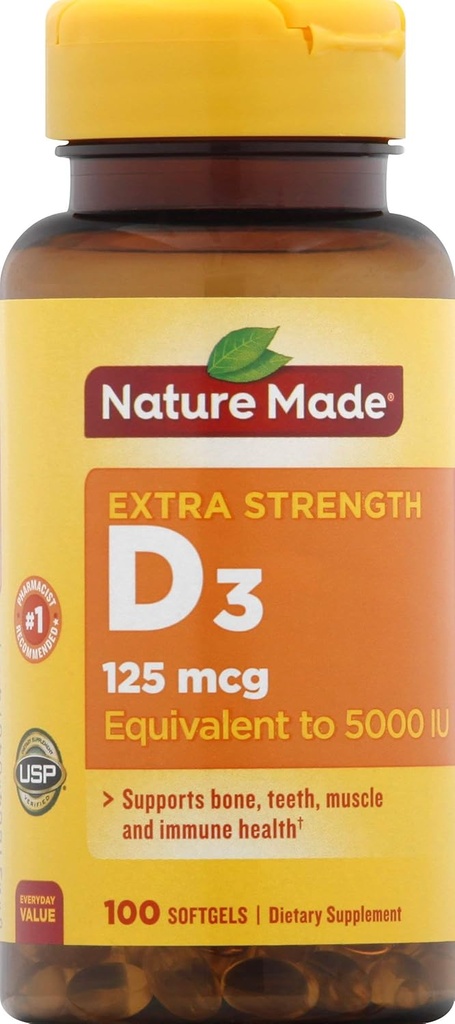 Nature Made Vitamin D3 Dieetsupplement Softgels, 5000 I.U, 100 Tellen