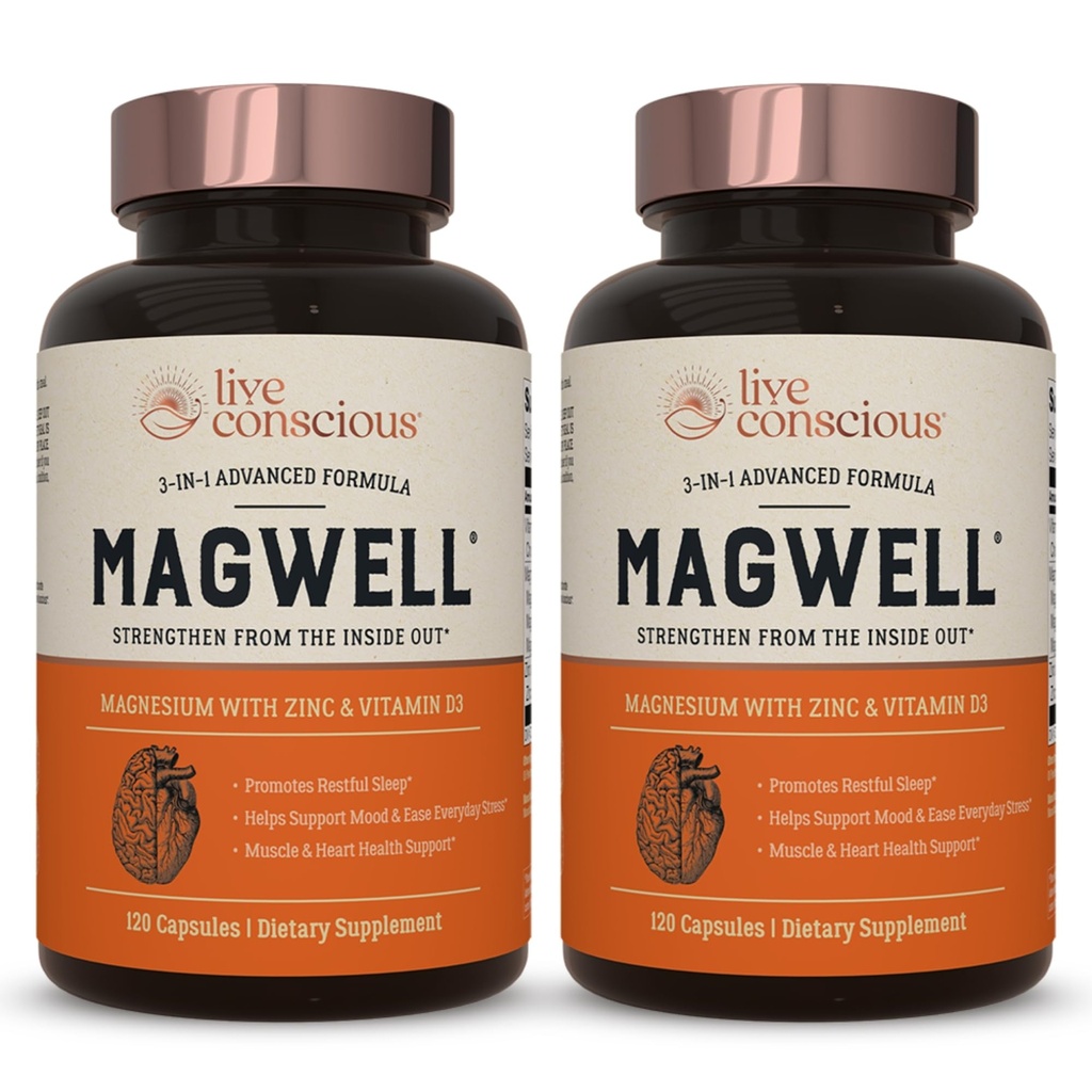 Live Conscious Magnesium Zink & Vitamine D3 - Bio beschikbare vormen van Magnesium - Malaat, Glycineren, Citrate - MagWell Bone & Heart Health, Immuun System Support - 120 capsules (2-pack)