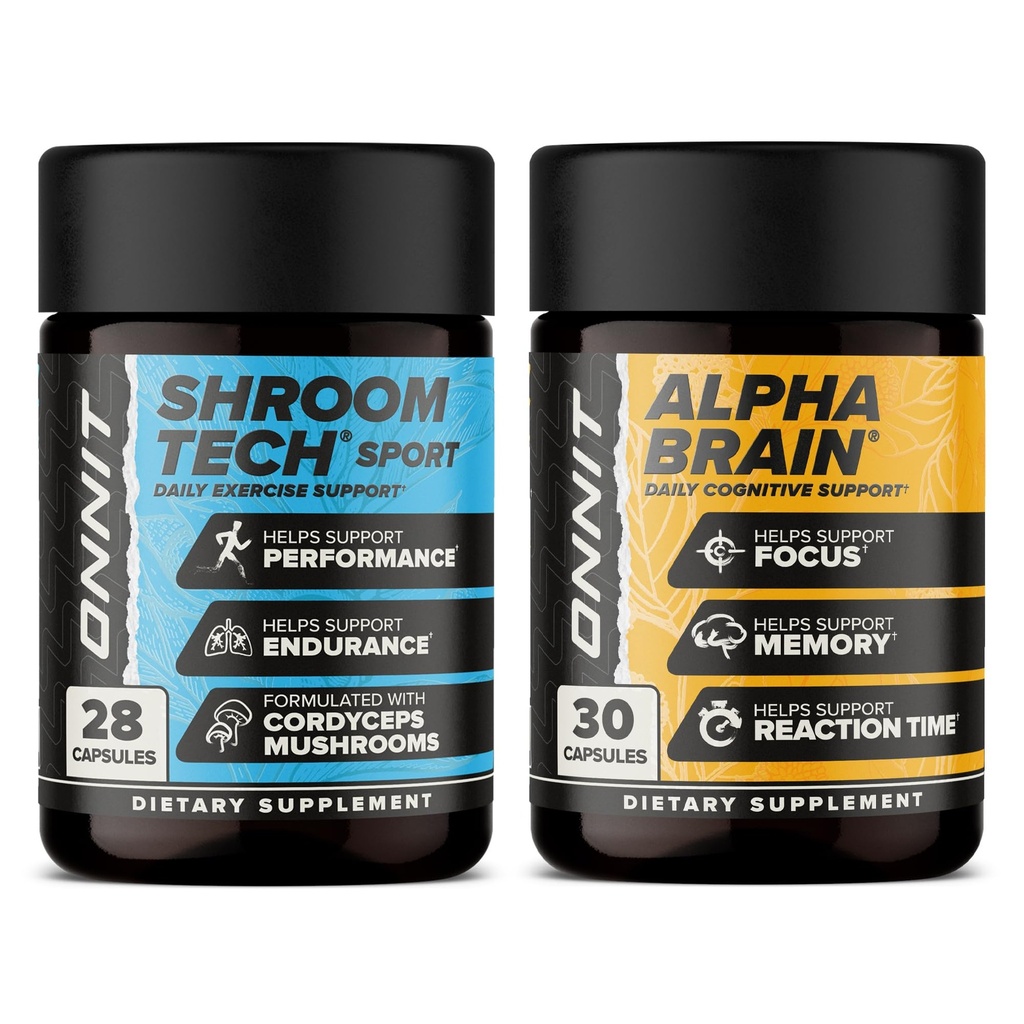 ONNIT Premium Alpha Brain Bundle - Nootropic Brain Supplement (30 tellingen) voor Focus, Concentratie & Geheugen + Shroom Tech Sport voor Oefening, Energie & Cardiovasculaire Prestaties (28 telling)