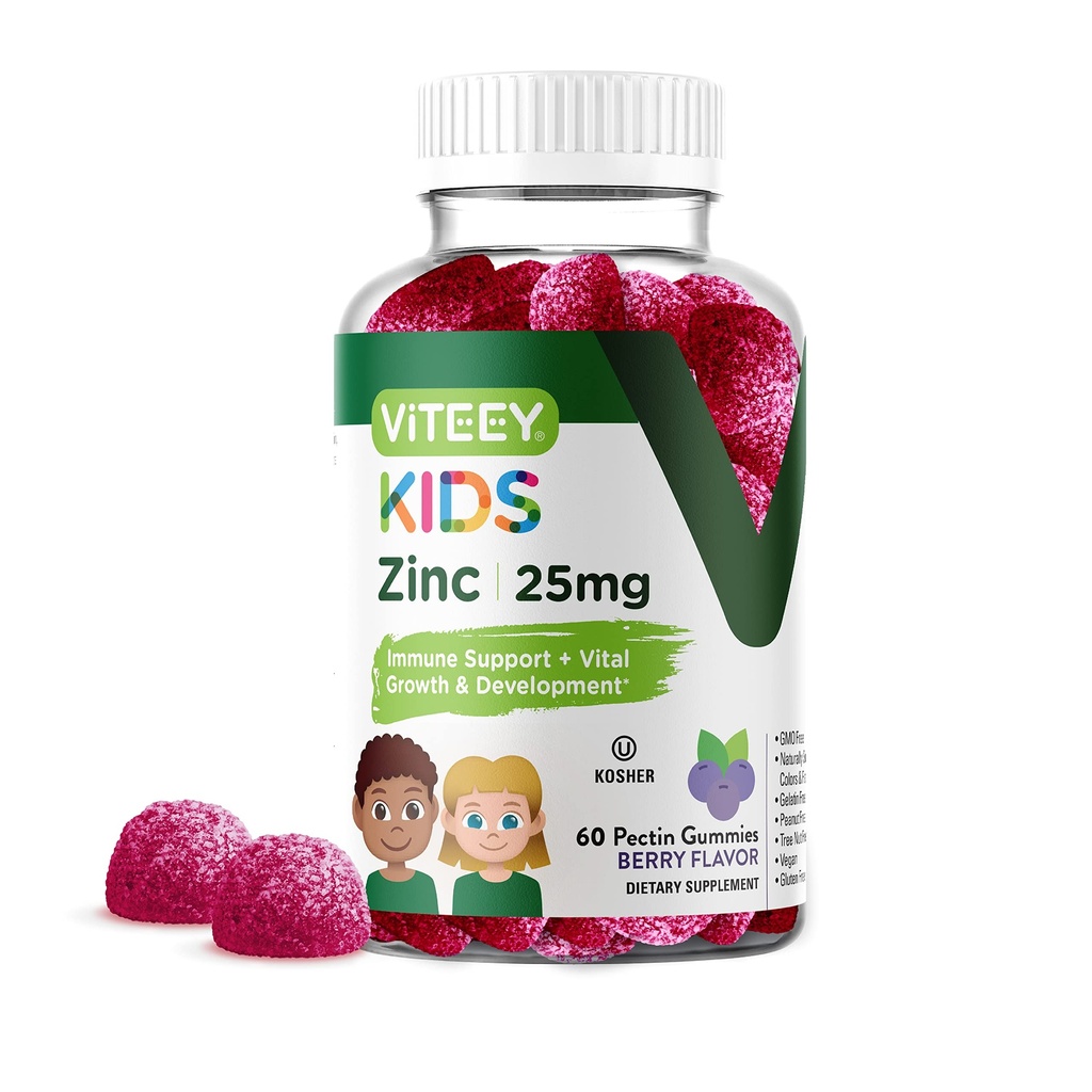 Viteey Zink voor kinderen Gummies, 25mg - Immune Ondersteuning - Krachtige natuurlijke antioxidant, Kids Zink Vitamine Supplement - Vegan, Gelatine Vrij, Glutenvrij - Smakelijk Kauwbare Berry Flavor Gummy