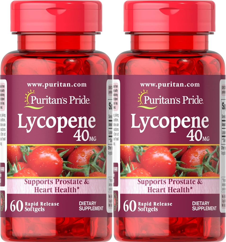 Puritan's Pride Premium Lycopeen 40mg, Dieetsupplement voor Prostaat, Antioxidant, Hartgezondheid, en algemene gezondheidsondersteuning, 2 maanden Supply, 60 Rapid Release Softgels, 2 Pack