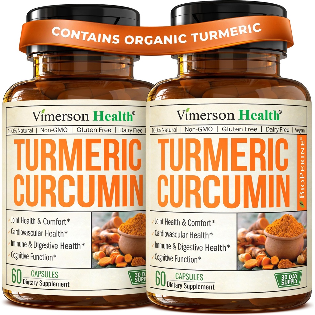 Kurkuma Curcumine Supplement met Black Pepper Extract - High Potency Biologische Kurkuma 1200mg & 95% Curcuminoïden voor Gezamenlijke & Digestieve Gezondheid - Gezamenlijke Ondersteuning Supplement - 60 Curcuma Capsules - 2 Pack
