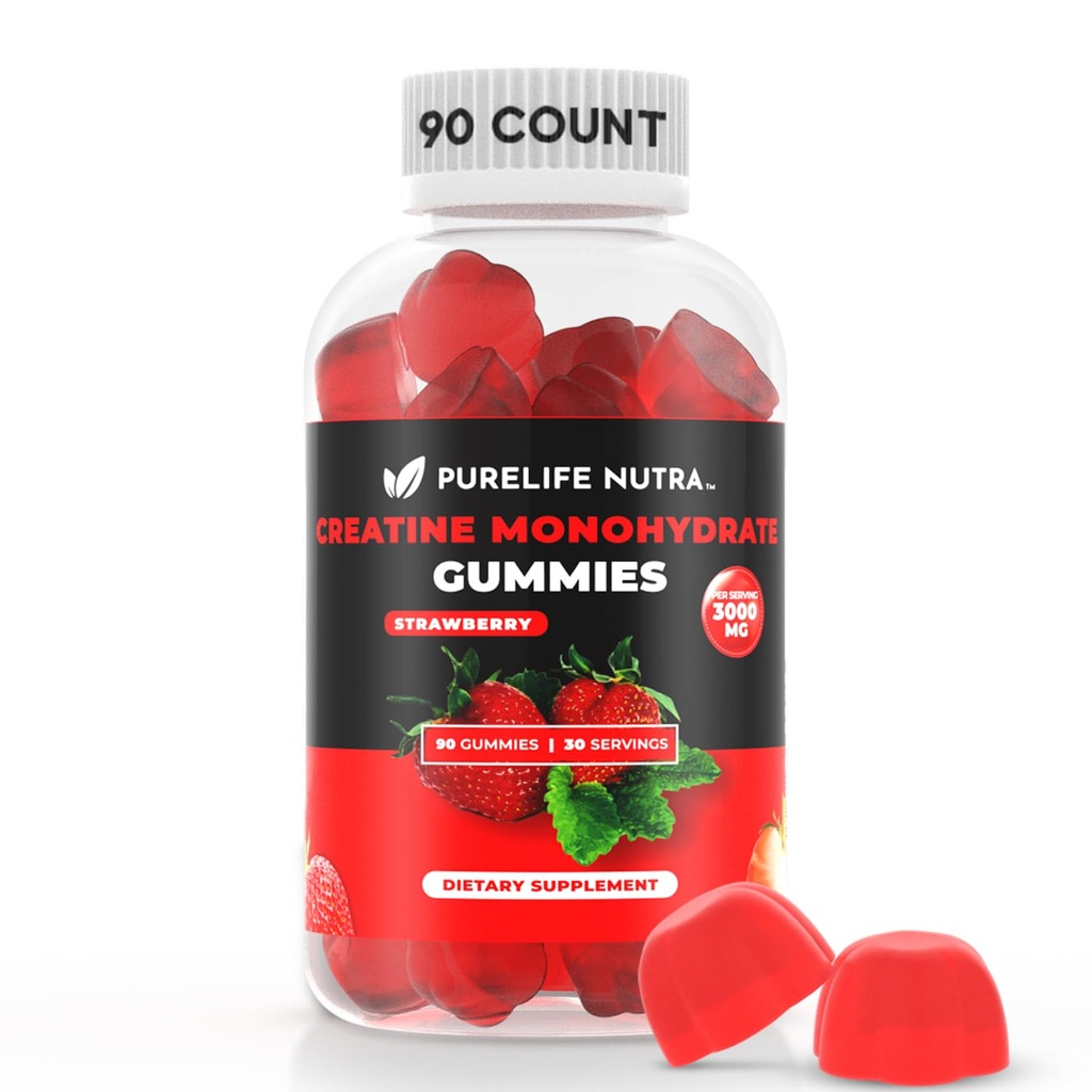 Creatine Monohydraat Gummies - 3g Serveren, Suikervrij, 90 Graaf, Niet-GMO, Ontworpen voor mannen en vrouwen, Glutenvrij, Niet Opgeblazen - Veganistisch, Halal, Kosher. (90 Eenheden, Aardbei)
